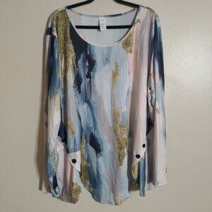 Women’s Abstract Brushstroke Tunic Top 3XL Multicolor Long Sleeve 100% Polyester